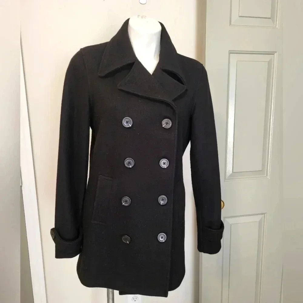 Gap Factory Store Classic Minimalist Chic Black Wool Blend Peacoat/Jacket(M)